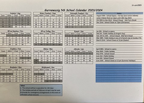 Gurraneasig NS School Calendar 2023 - 2024